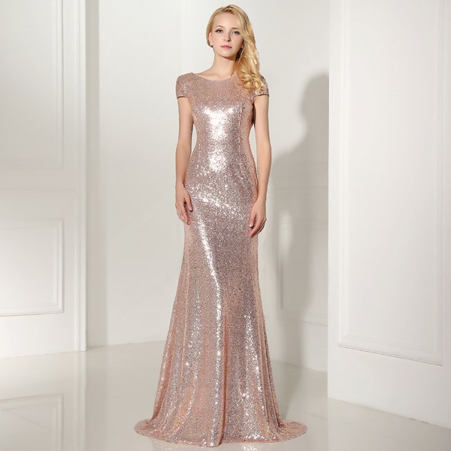Rose Gold Sequined Long Bridesmaid Dresses Prom Party Gowns 8155762718#