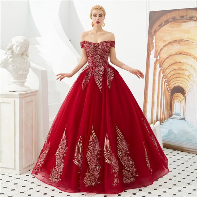 Embroidery Off Shoulder Ball Gown Evening Dresses 88211592286#