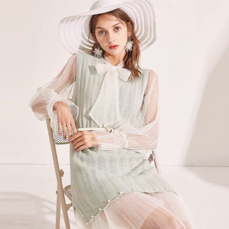 Spring Autumn Women's V Neck Sweater with Tulle Long Dress Real 2pcs 8395238899#