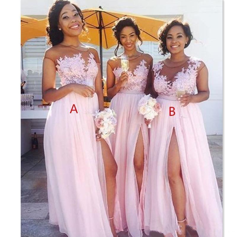 Cheap Country Blush Pink Bridesmaid Dresses Sexy Sheer Jewel neck Lace Appliques Split Formal Evening Gowns Wear 8414813674#