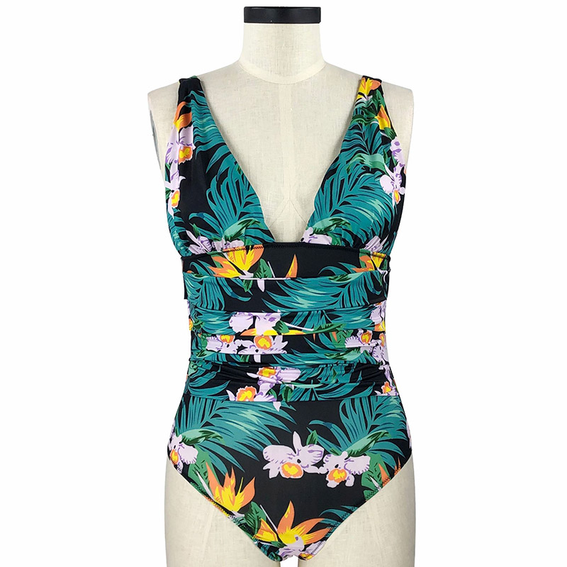 Tropical Print Ruched One-Piece Swimsuit 88211592105# Affordable Tropical Print V Neck Monokini 