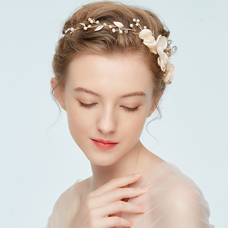 Gold Floral Pearl Bridal Headpiece 88211592126#