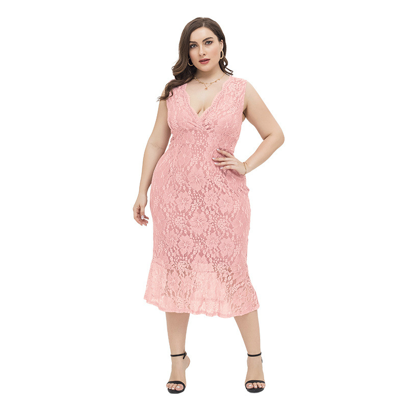 Plus Size V Neck Sleeveless Lace Dress in Pink #88211592132