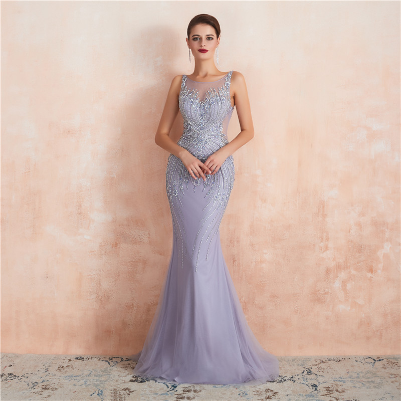 High Quality Sleeveless Boat-Neck Beaded Tulle Overlay Illusion Gown #88211592162