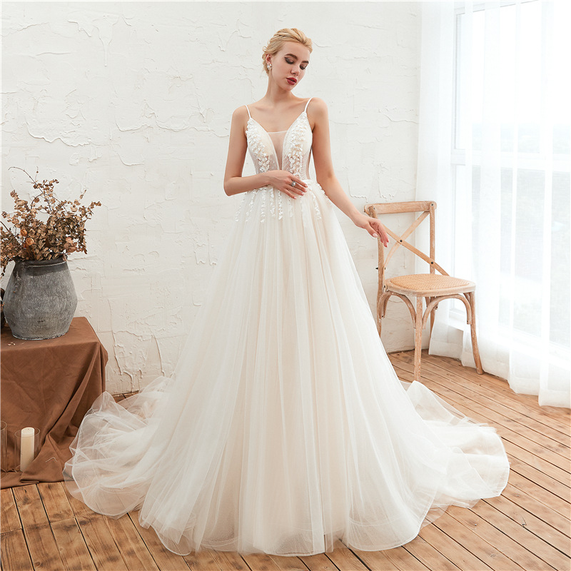 Illusion Petals Sparkly A Line Wedding Dresses 88211592285#