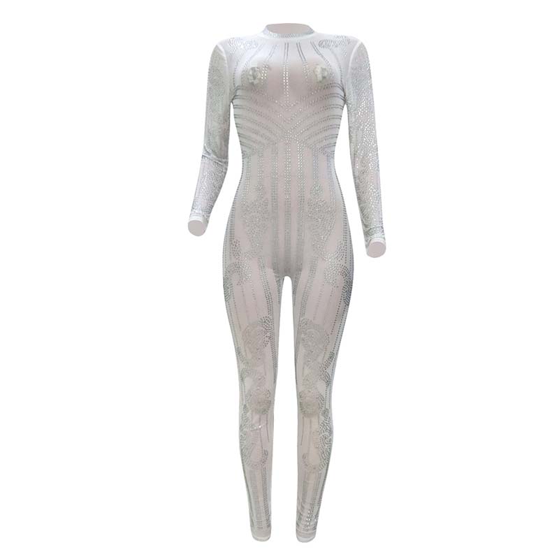 Bodycon Jumpsuit Long Sleeve See Through Rhinestone 88211592343 Good