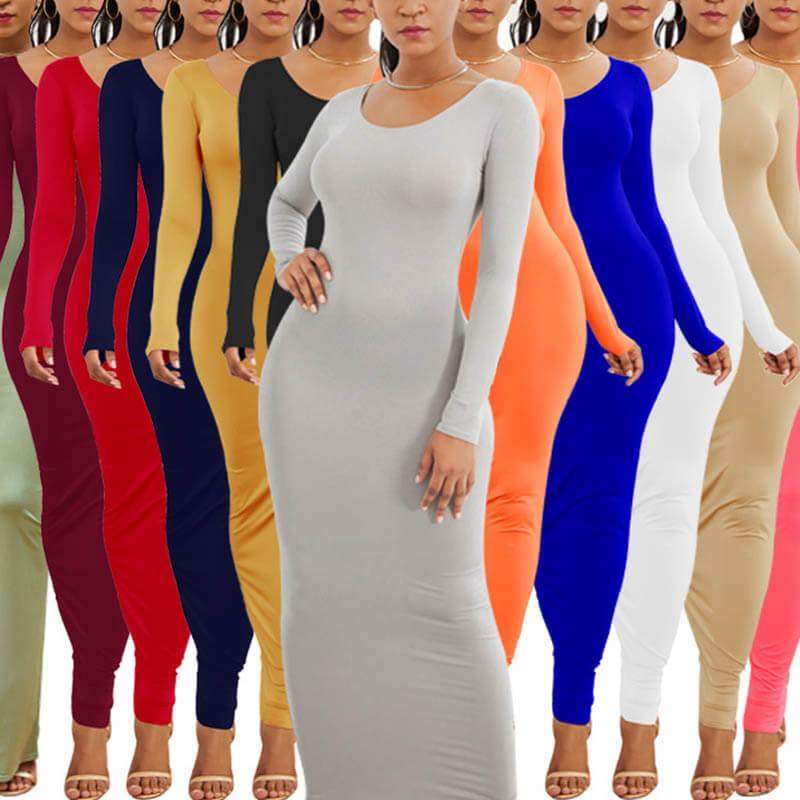 Multi Color Boat Neck Bodycon Maxi Dress for Women 88211592442# Multi ...