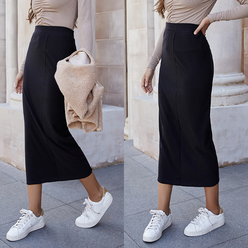 High Waisted Midi Skirt In Black 88211592501# BuyForDate Solid Pull On ...